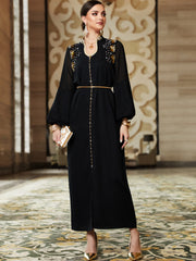3132 Black Middle Eastern Style Embroidered Sequins Lantern Sleeve Maxi Dress - Elegant Gold Decorated Long Dress