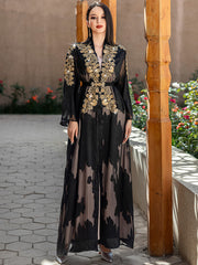 5228Arabic Two-Piece Abaya Dress | Black Sheer Embroidered Gown with Layered Silhouette