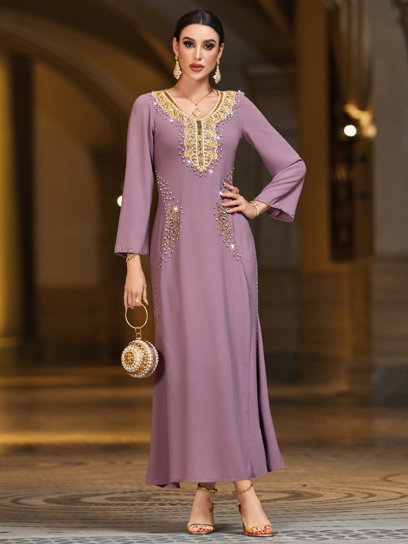 4089 Middle Eastern Style Purple Gold Embroidered Sequin Long Sleeve Maxi Dress - Elegant Sparkling Decorated Gown