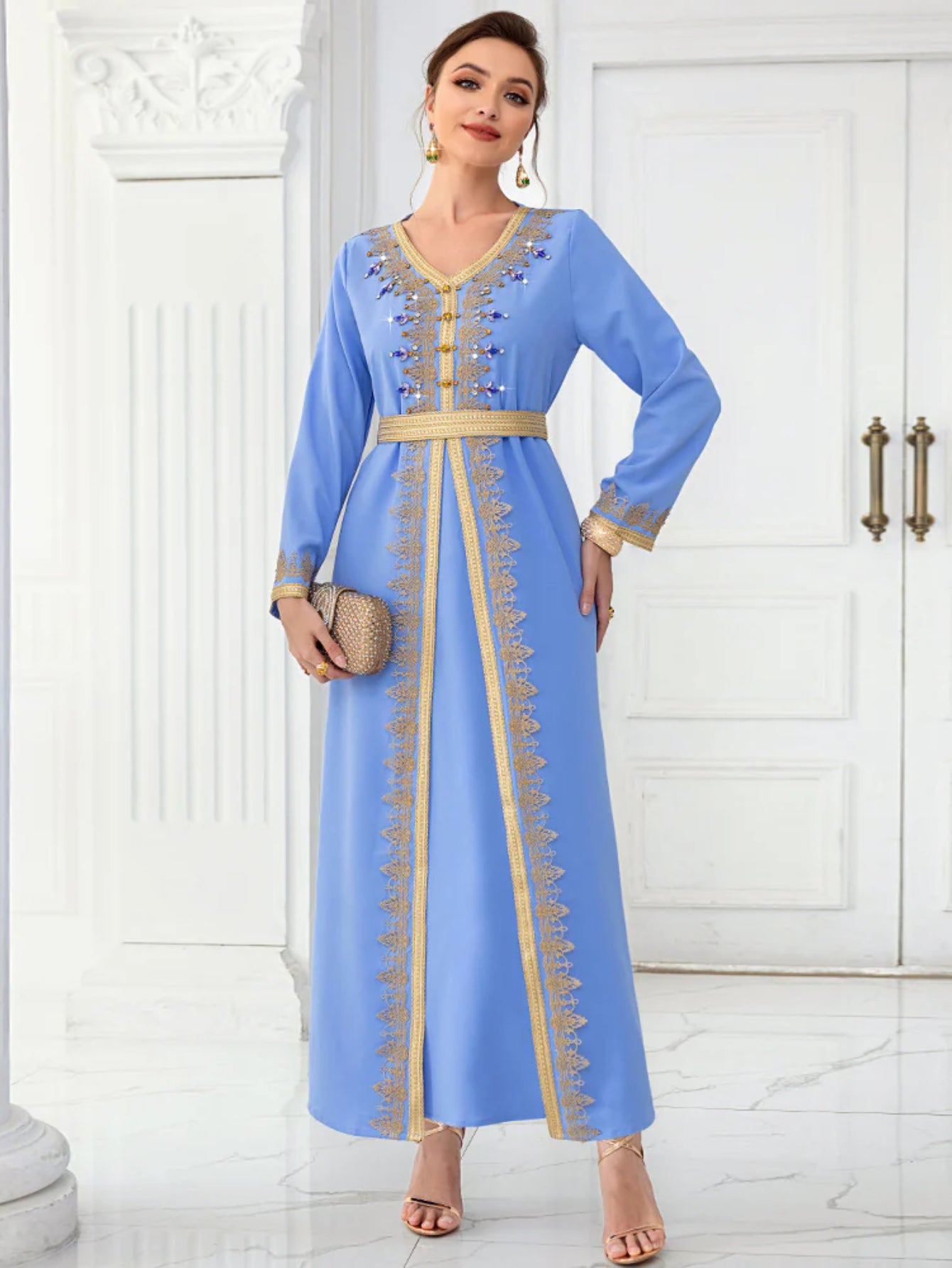 BA9028 light blue webbing hand-sewn diamond long-sleeved fake two-piece dress, spring travel, elegant and fashionable long dress