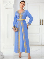 BA9028 light blue webbing hand-sewn diamond long-sleeved fake two-piece dress, spring travel, elegant and fashionable long dress