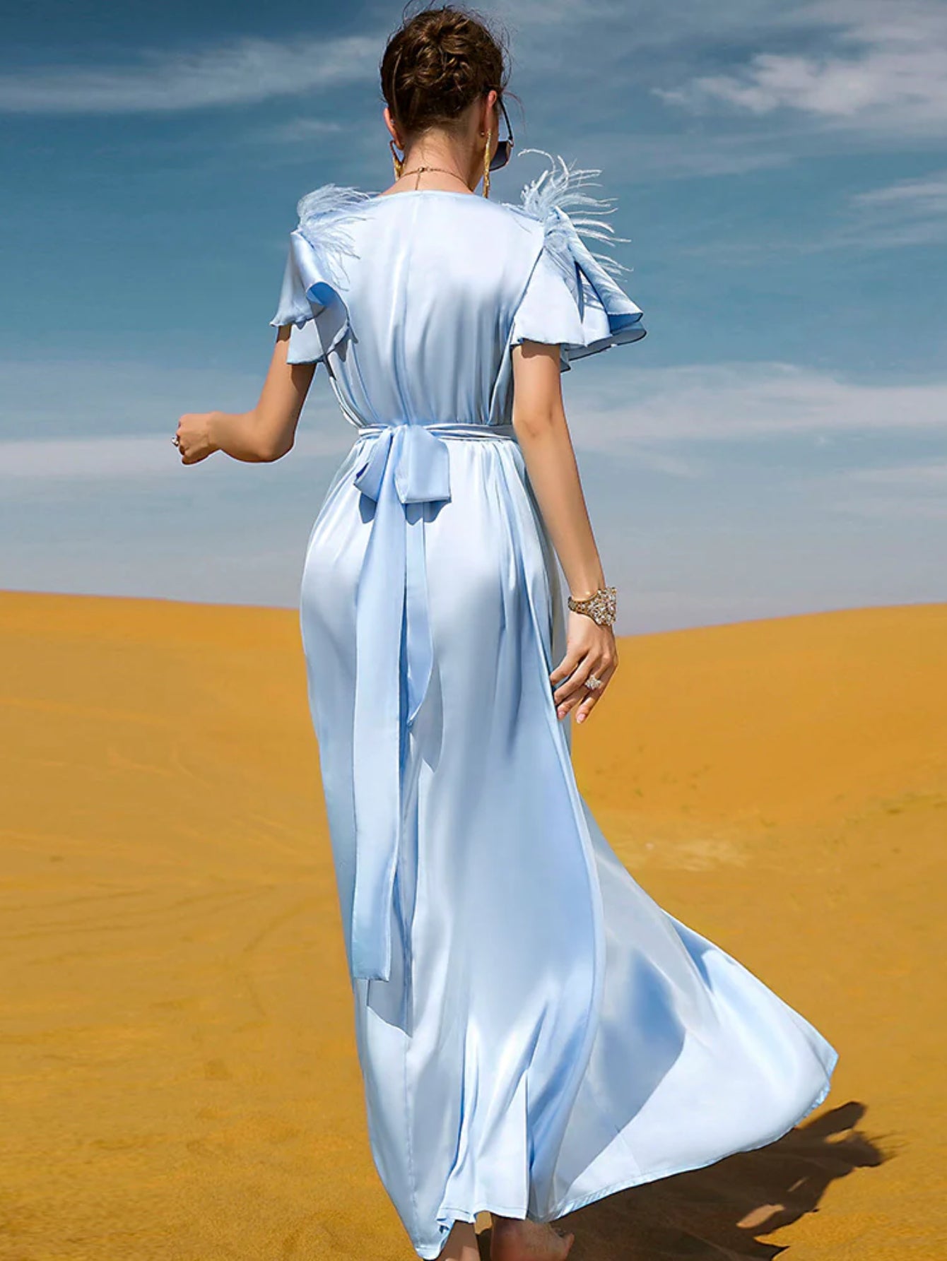 BA7039 light blue satin ruffle edge feather dress, hand-sewn diamond Muslim style spot, women's belt