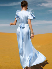 BA7039 light blue satin ruffle edge feather dress, hand-sewn diamond Muslim style spot, women's belt