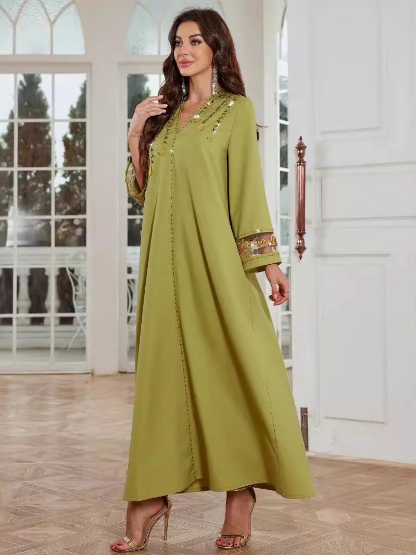 BA4153 Qiuxiang green linen lace rust bead hand-sewn diamond dress Middle East
