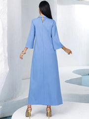 15135 blue semi-turtleneck hand-sewn glass drill large size dress A-shaped skirt Middle East party dress