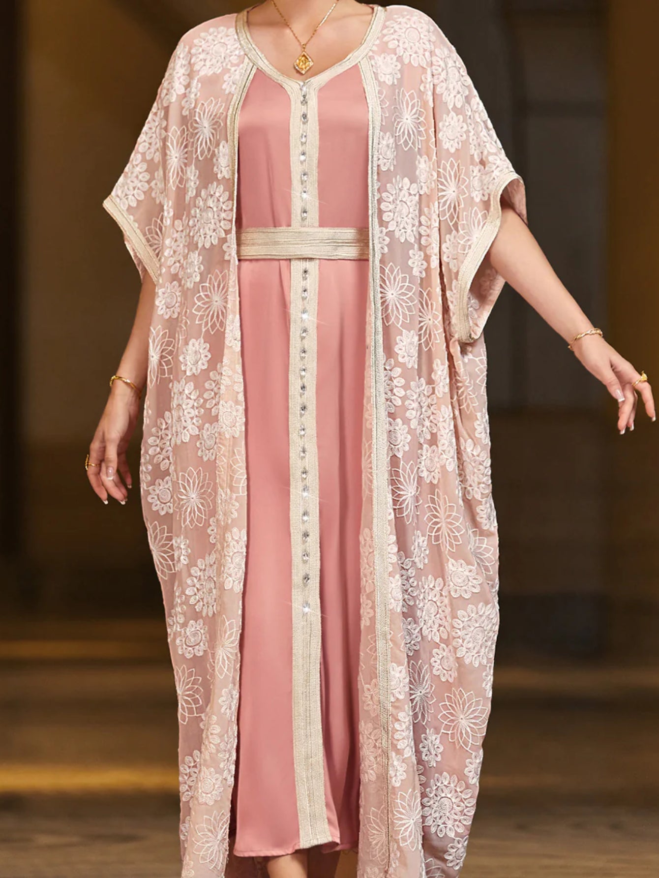 BA4098 pink embroidery splicing satin fake two ABAYA robe middle east women's clothing