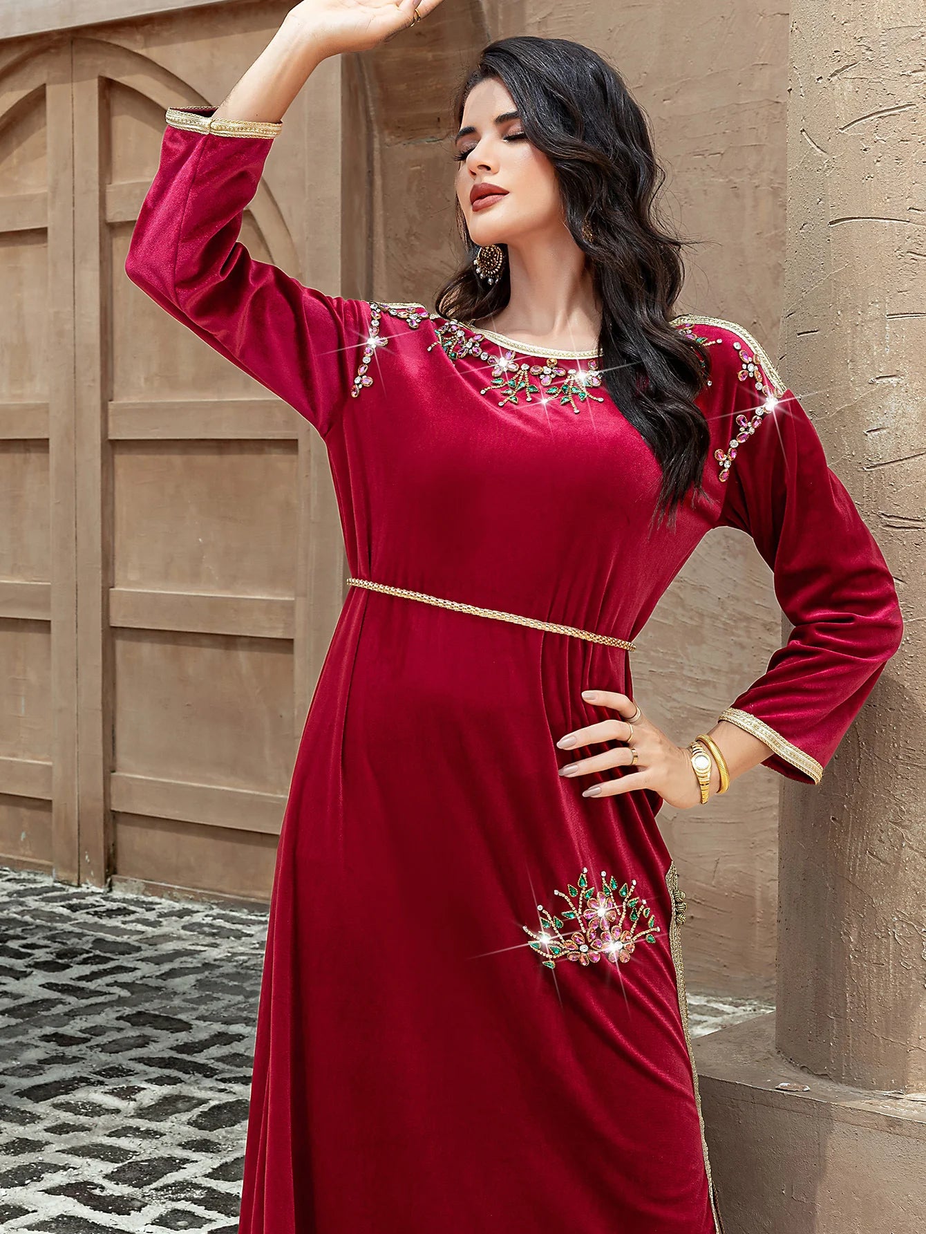 15164 burgundy velvet hand-sewn rhinestones and gold webbing dress long dress toasting dress