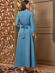 4007 Middle Eastern Style Embroidered Floral Blue Maxi Dress - Elegant Gold-Trimmed Long Sleeve Gown