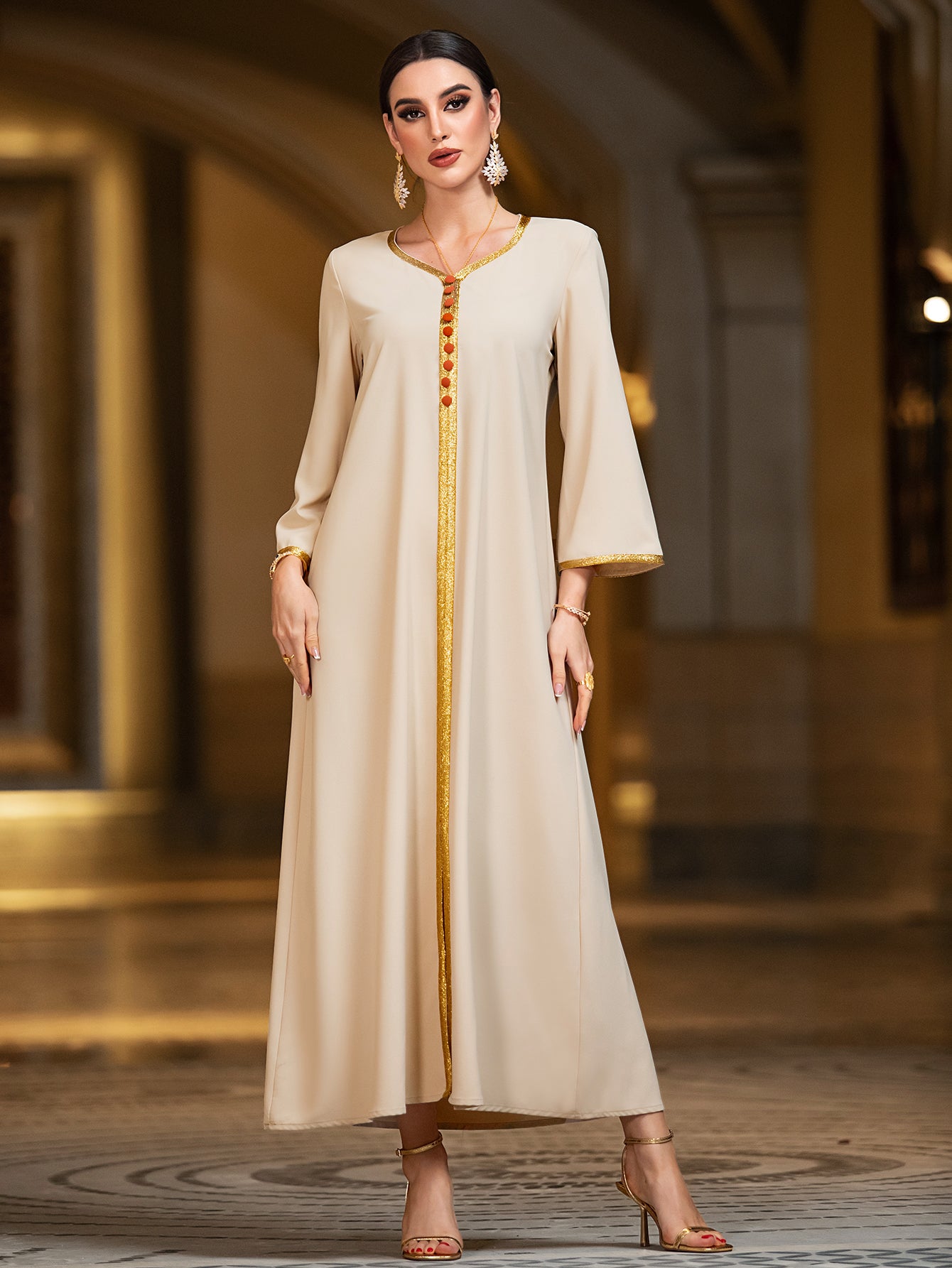 4103 Middle Eastern Style Orange Gold-Trimmed Printed Long Sleeve Belted Two-Piece Maxi Dress - Elegant Contrast Decorated Gown