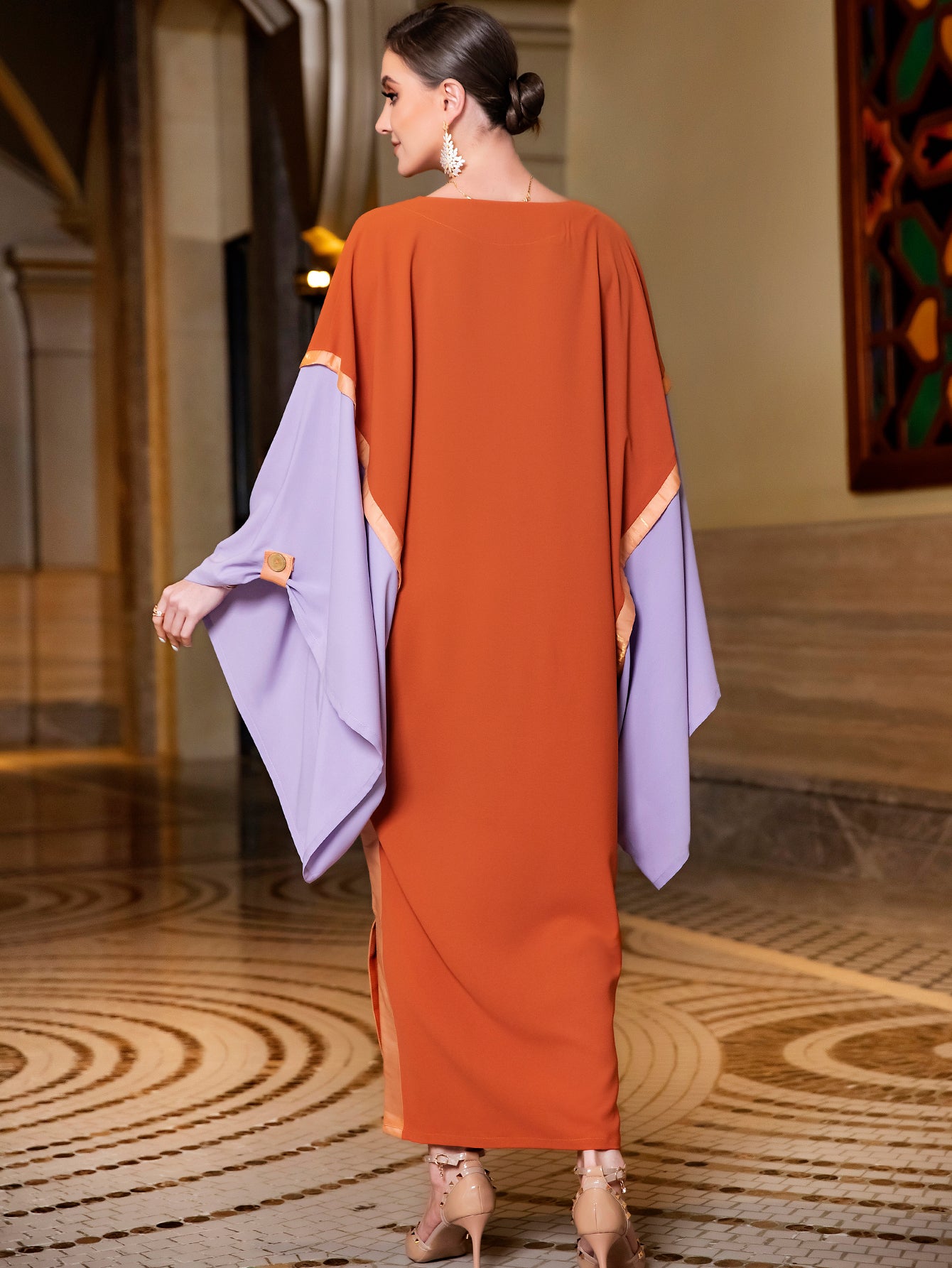 3143 Middle Eastern Style Color-Block Maxi Dress - Orange Purple Cape Sleeve Long Dress