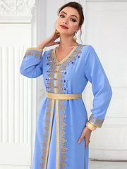 BA9028 light blue webbing hand-sewn diamond long-sleeved fake two-piece dress, spring travel, elegant and fashionable long dress