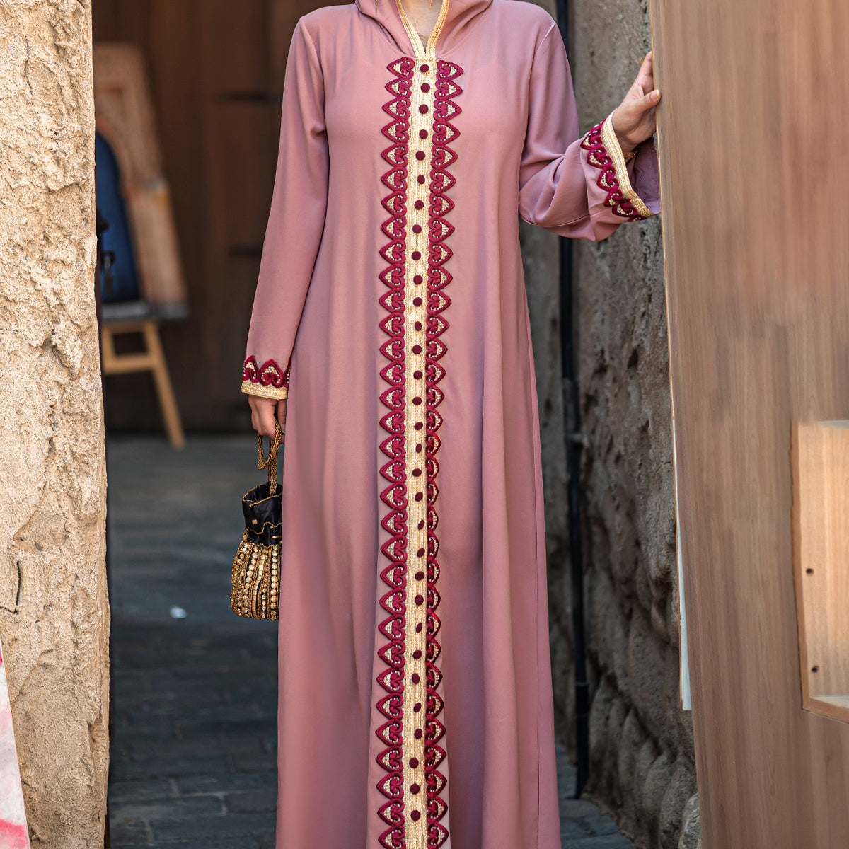 4052 Middle Eastern Style Pink Hooded Embroidered Maxi Dress - Elegant Red Beige Decorated Long Gown