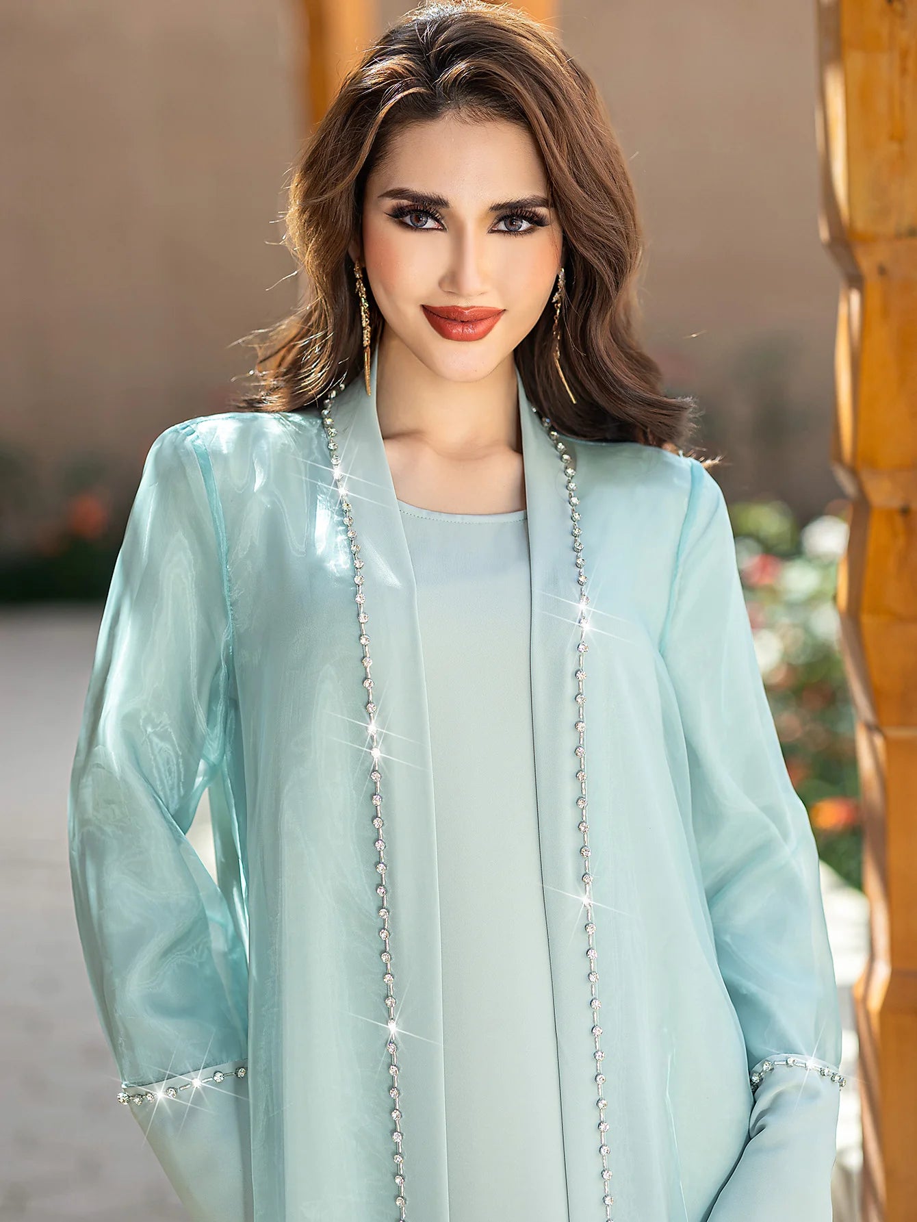 15188 Mint green organza two-piece cardigan dress in stock
