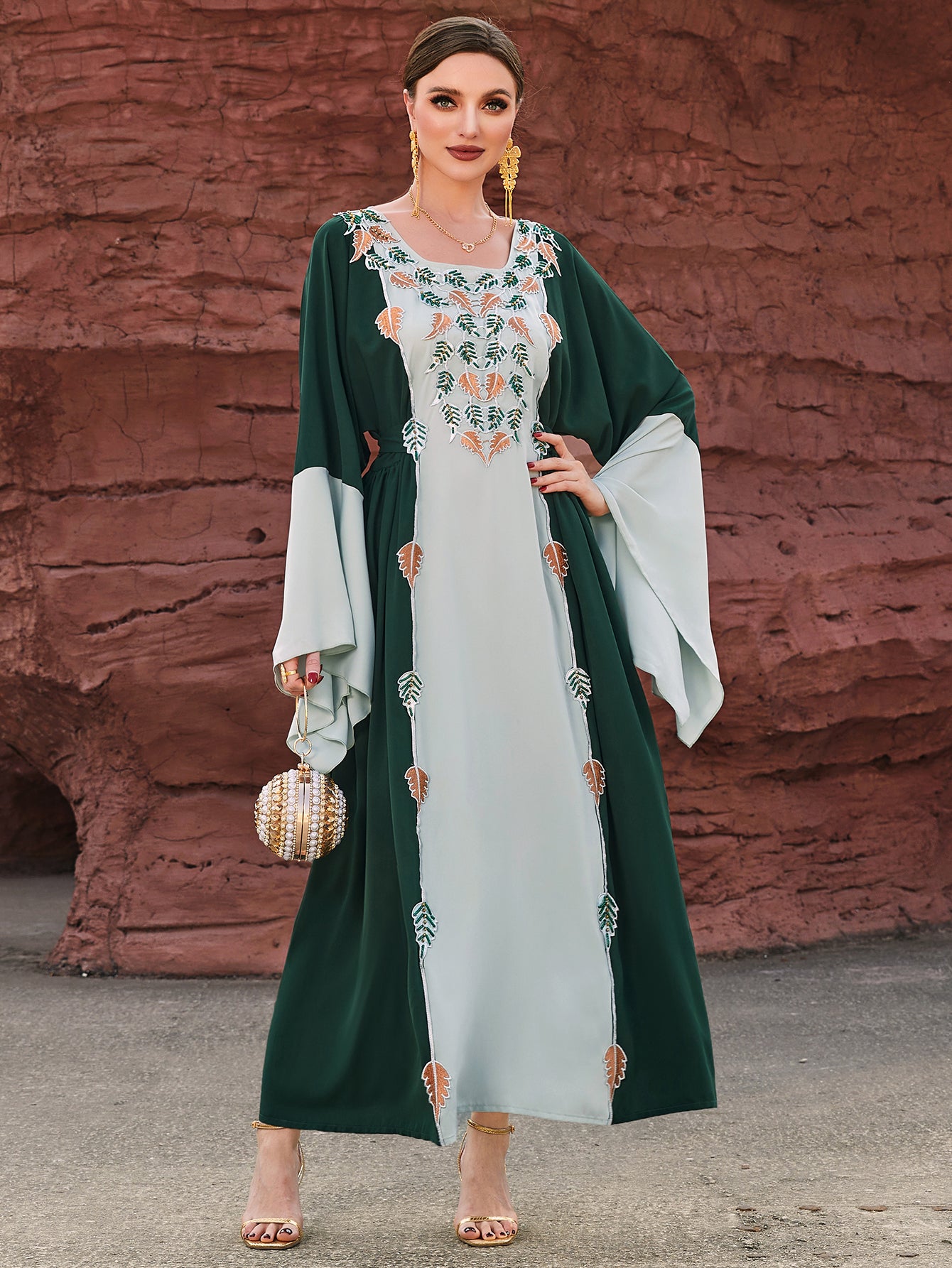 4119 Middle Eastern Style Green Light Green Colorblock Leaf Embroidered Belted Loose Sleeve Maxi Dress - Elegant Boho Decorated Gown