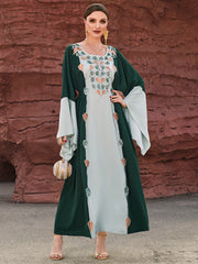 4119 Middle Eastern Style Green Light Green Colorblock Leaf Embroidered Belted Loose Sleeve Maxi Dress - Elegant Boho Decorated Gown