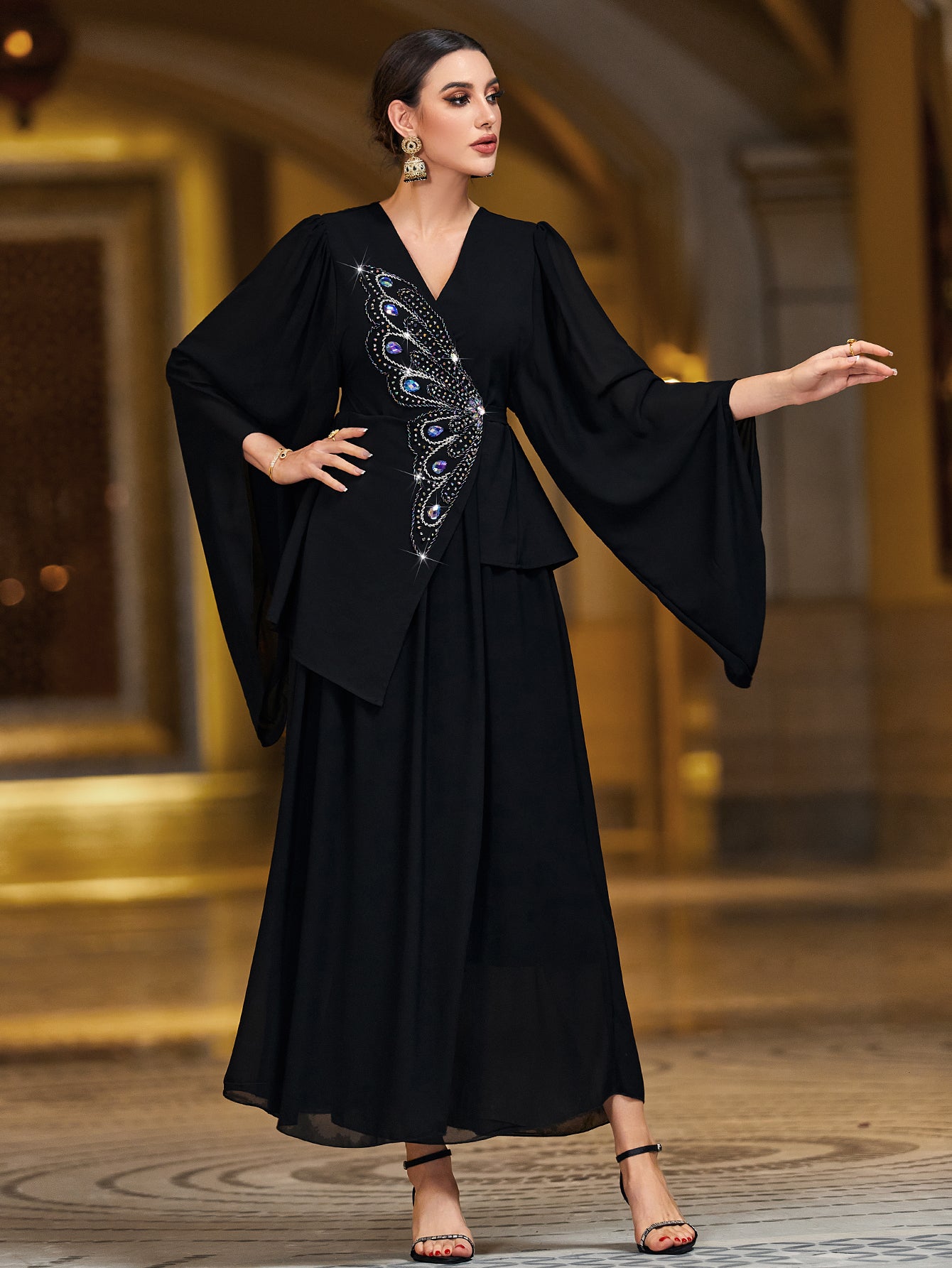 4147 Black Butterfly Handmade Nailed Diamond Wrap Dress Middle East Fashion Arabian Dress