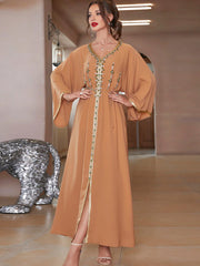 BA7061 Khaki Hand Stitched Diamond Middle East South East Asia Travel Sleeve Dress, Robe abaya