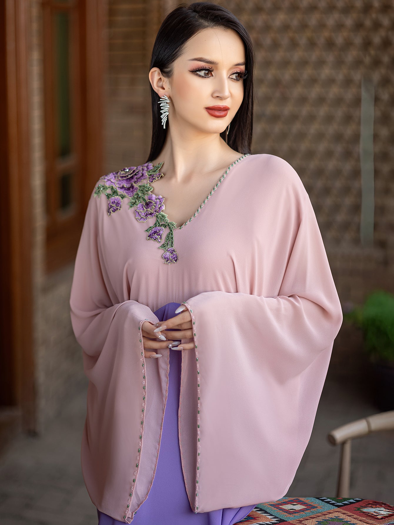 5220Pink & Purple Two-Tone Abaya Dress | Arabic V-Neck Floral Embroidery Gown with Wide Sleeves