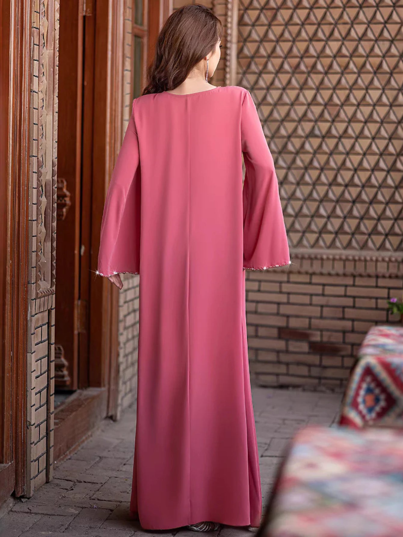 15196 Dubai, Saudi Arabia Fashion Handmade Nailed Diamond Dress, Summer Chiffon Robe Middle East Women's Clothing