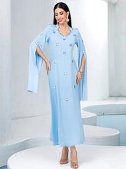 15133 new light blue super long-sleeved hand-sewn glass rhinestone dress Middle East women's clothing spot