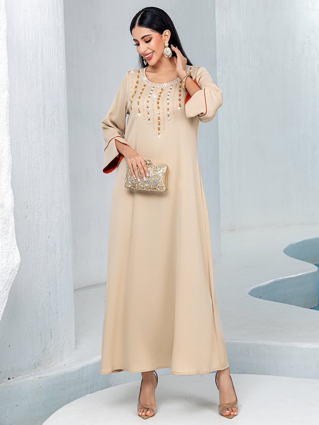 5239Beige Arabic Abaya Dress | Gold Beaded V-Neck Gown with Red Trim & Bell Sleeves for Evening