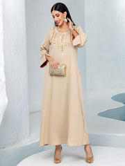 5239Beige Arabic Abaya Dress | Gold Beaded V-Neck Gown with Red Trim & Bell Sleeves for Evening
