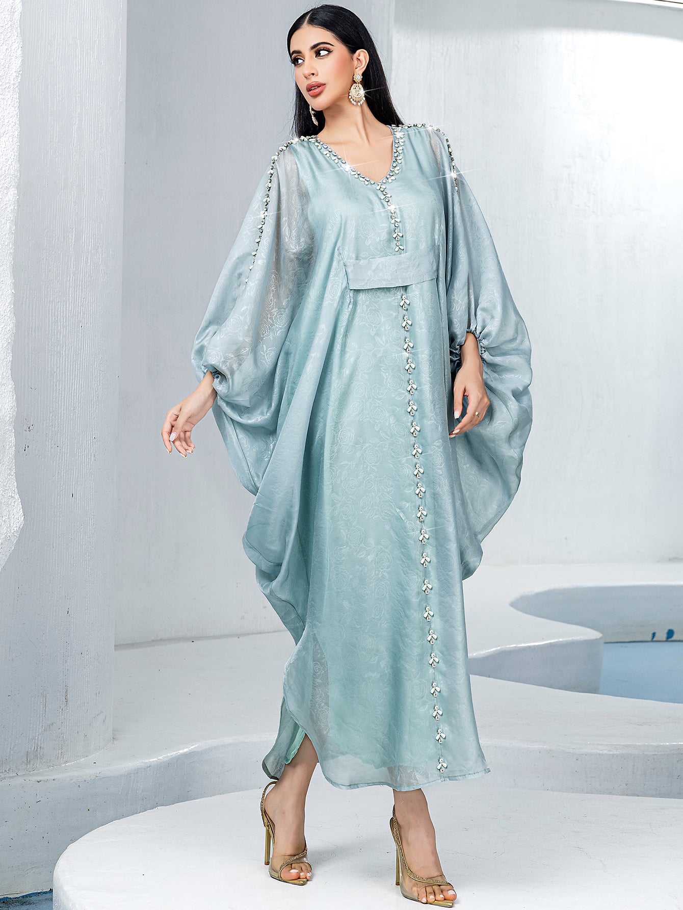15168 Middle Eastern Style Light Green Bead Embellished Loose Sleeves Belted Maxi Dress - Elegant Decorated Abaya Gown