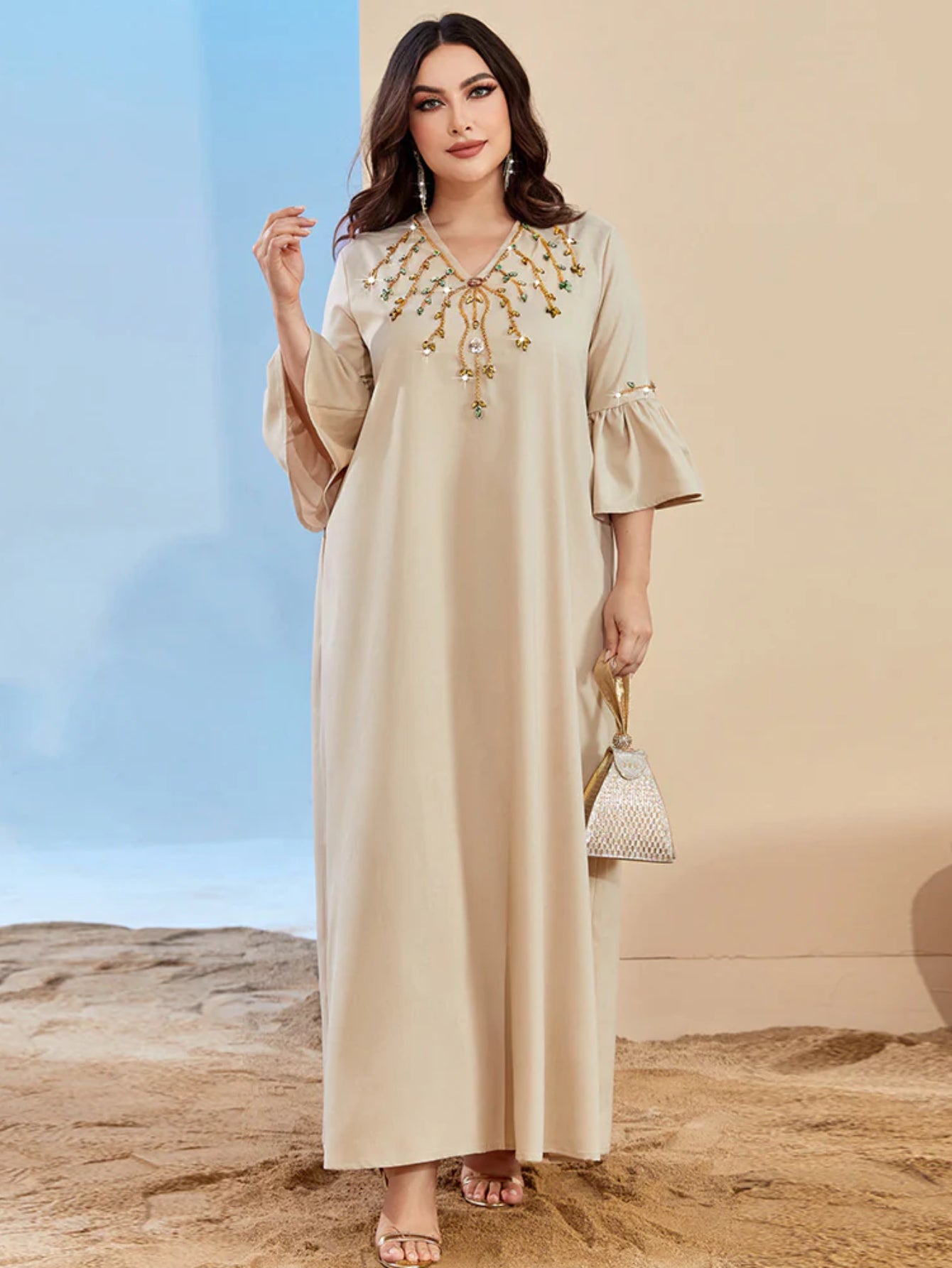 BA3036 New apricot V-neck horn-sleeved dress fashionable Middle Eastern, European and American large-size women's clothing