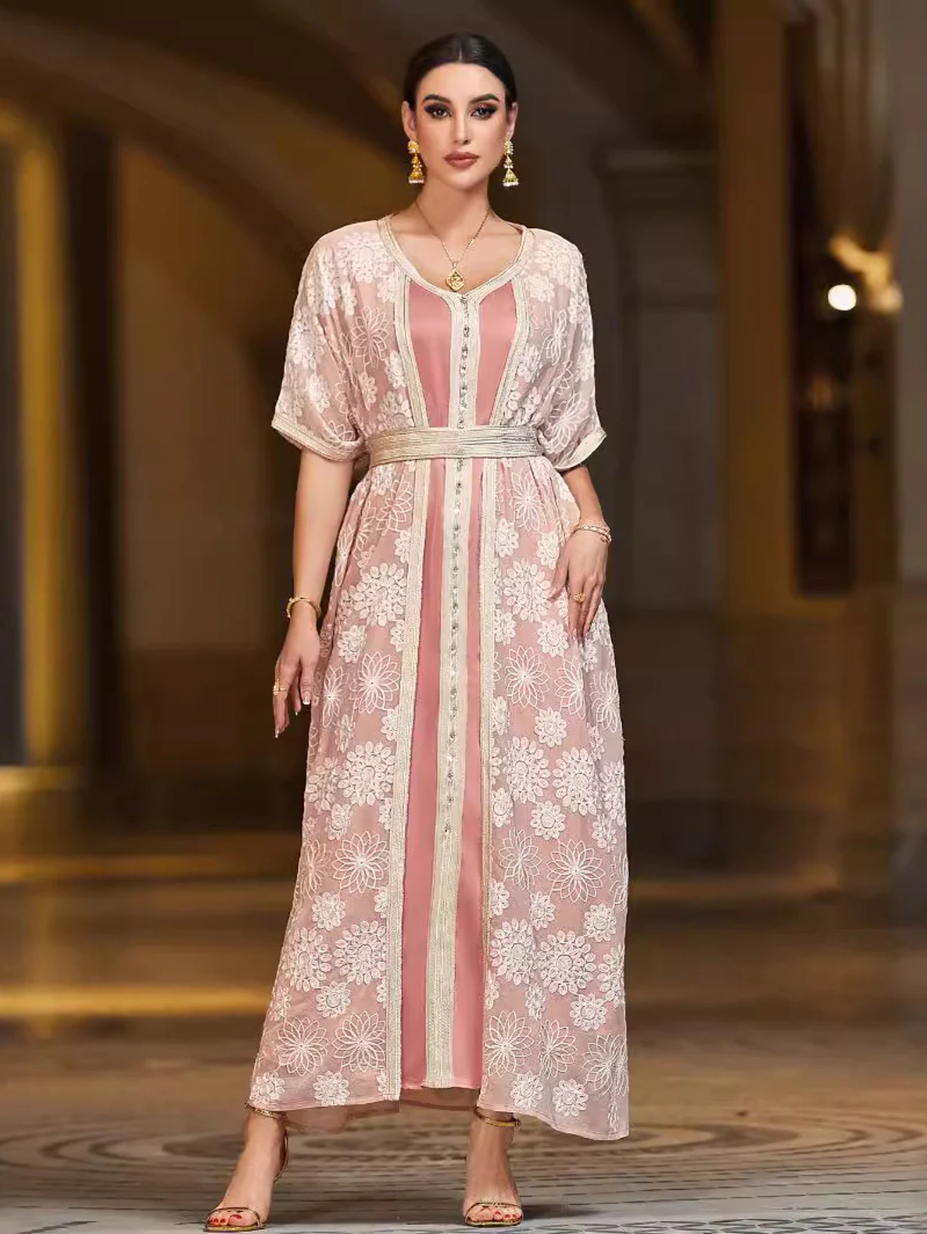 BA4098 pink embroidery splicing satin fake two ABAYA robe middle east women's clothing