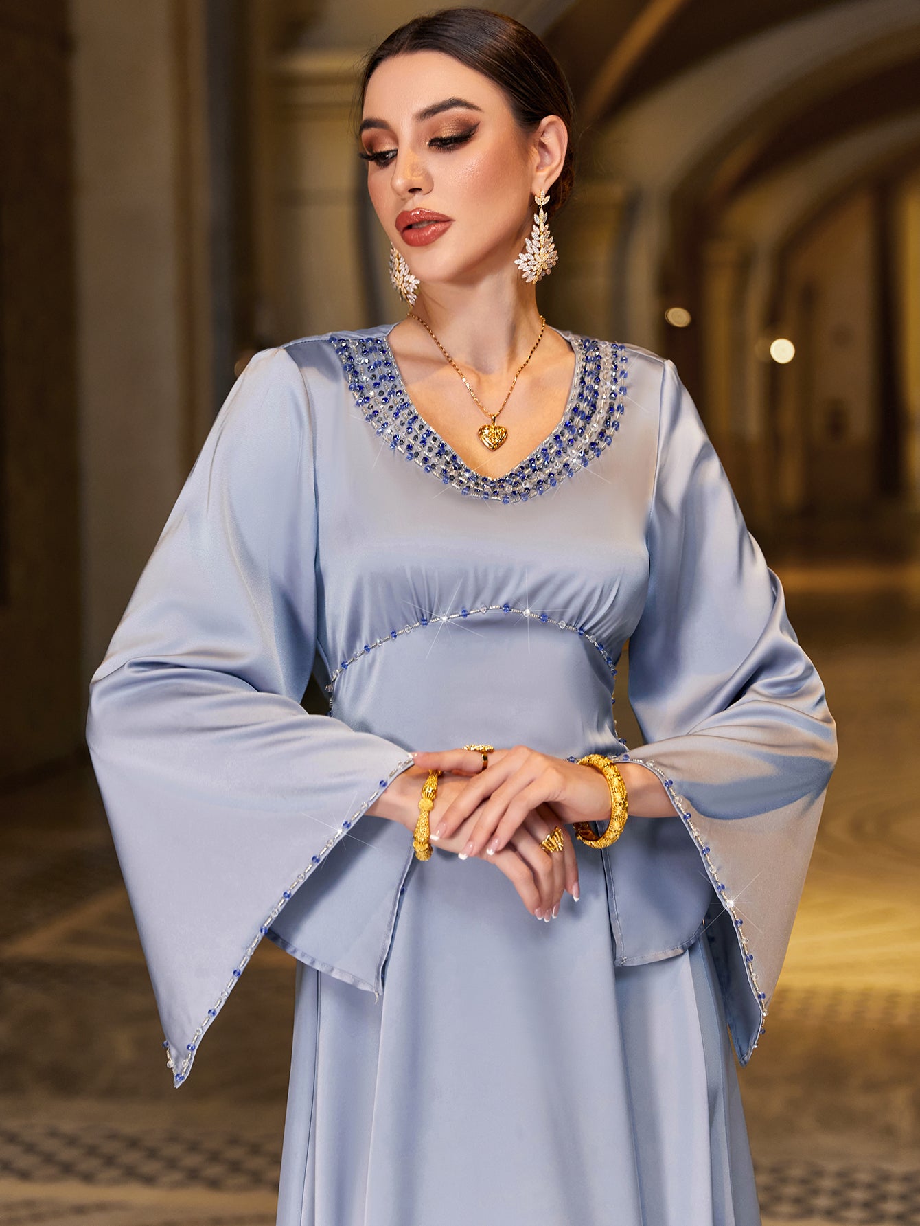 4063 Middle Eastern Style Light Blue Sequin-Embellished Flared Sleeve Maxi Dress - Elegant Sparkling Long Gown
