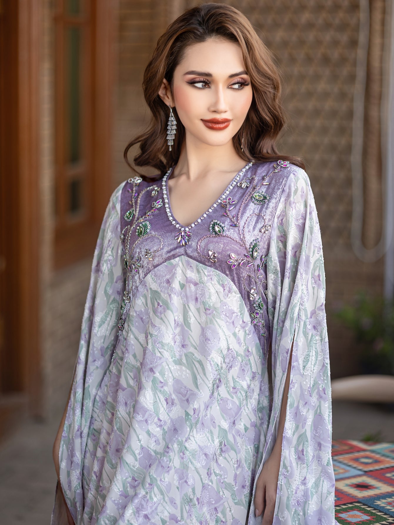 5193Traditional Arabic Embroidered Abaya | Lavender Pearl V-Neck Bell Sleeves Dress for Cultural Evening Wear