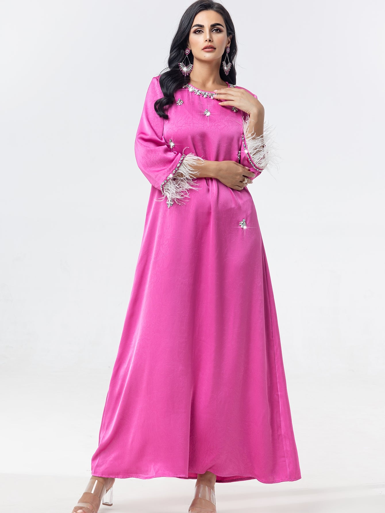 15090 light luxury satin bead splicing feather explosion small fragrant dress thin robe