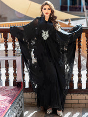 5212Black Arabic Abaya Dress | V-Neck Crystal Beaded Evening Gown with Pearl Embroidery & Bell Sleeves