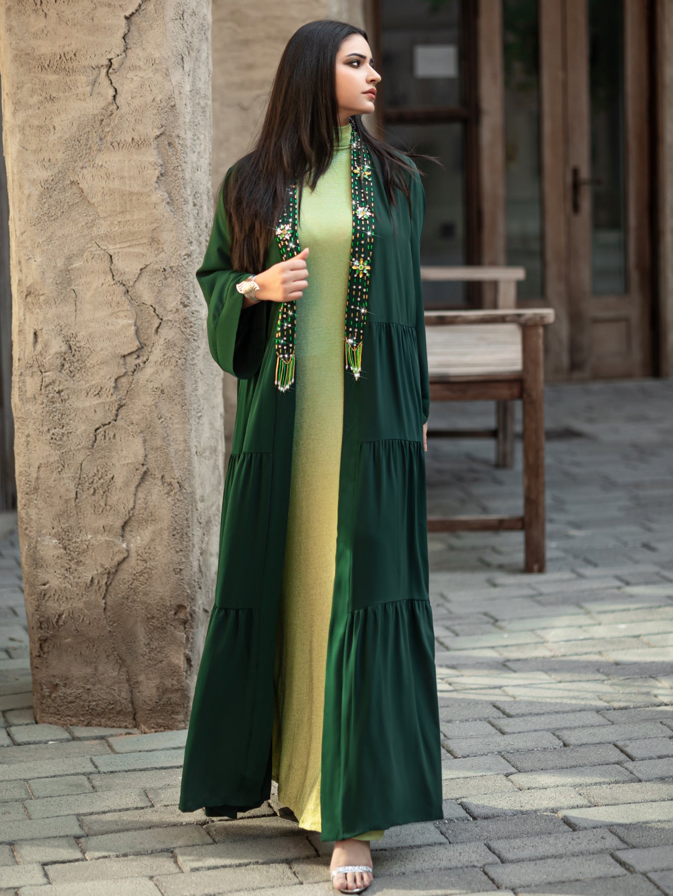 4079 Middle Eastern Style Dark Green Green Two-Piece Set - Colorful Embroidered Tassel Long Cardigan Dress & Inner Gown