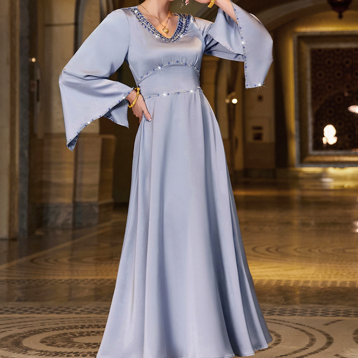 4063 Middle Eastern Style Light Blue Sequin-Embellished Flared Sleeve Maxi Dress - Elegant Sparkling Long Gown