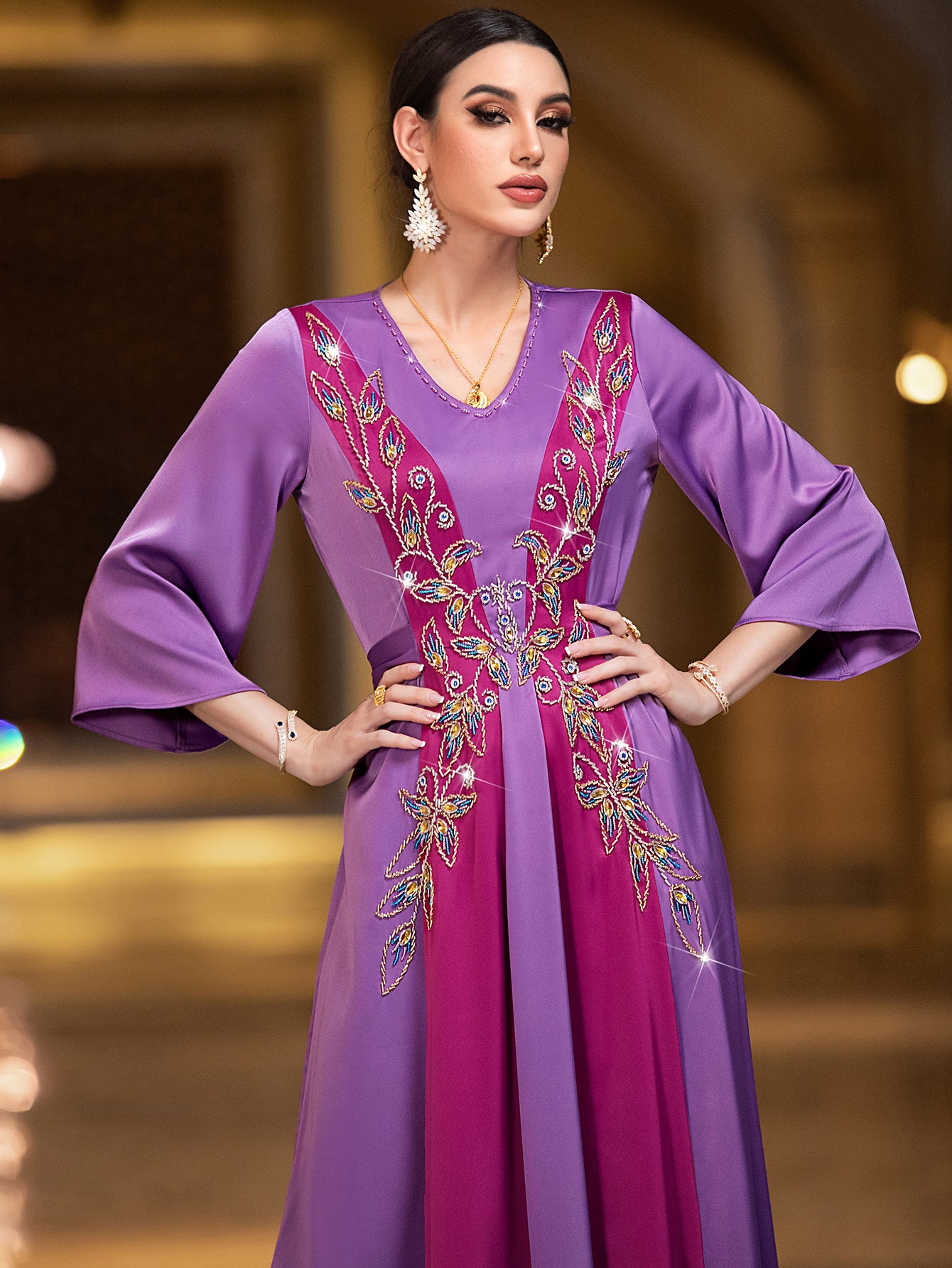 4060 Middle Eastern Style Purple Pink Contrast Embroidered Sequin 3/4 Sleeves Maxi Dress - Elegant Floral Decorated Long Gown