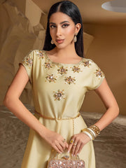 BA7030 New Champagne Waldorf Satin Heavy Industry Hand-sewn Diamond Short Sleeve Celebrity Style, Retro Dress