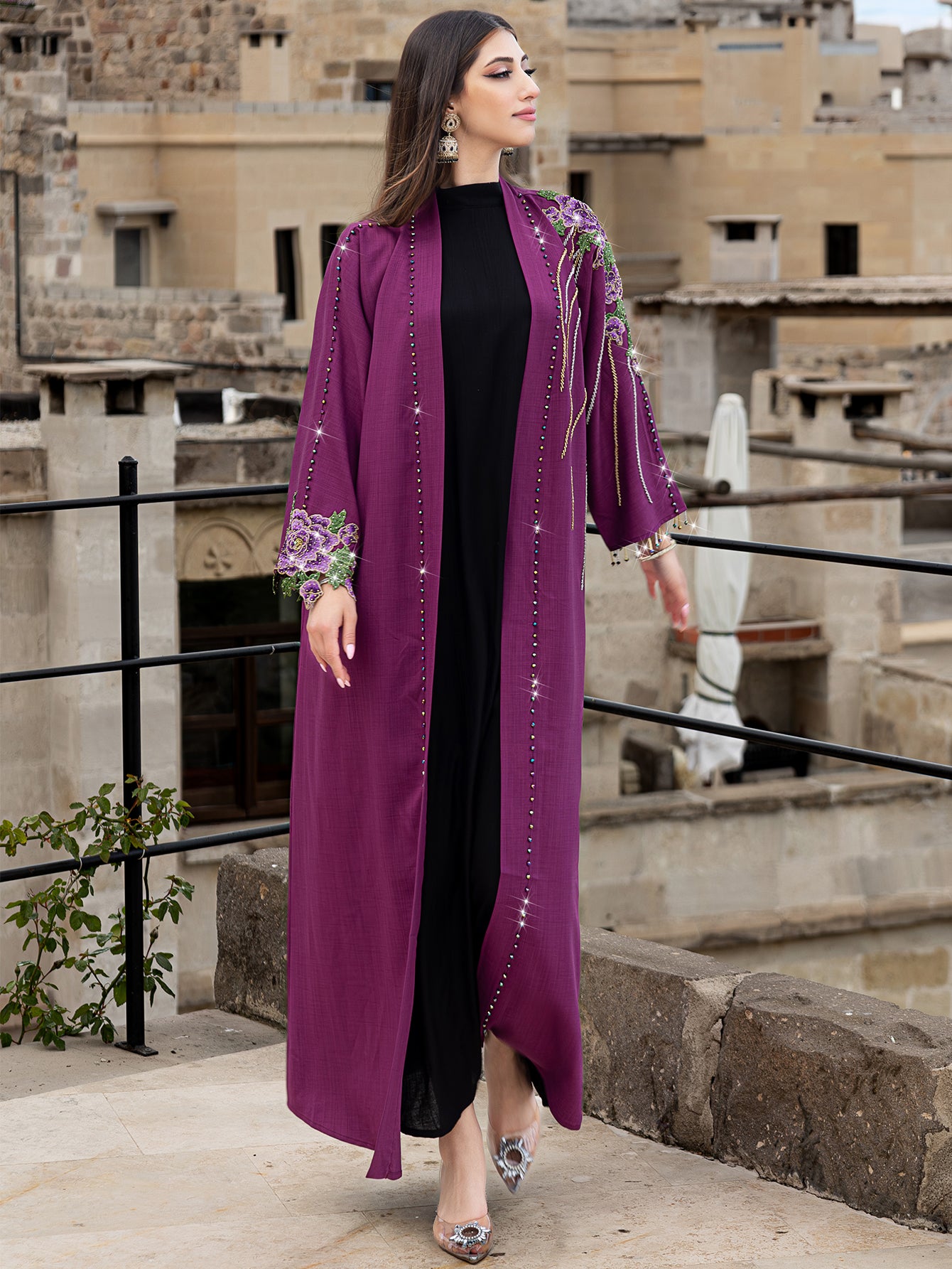 15020 Arab Middle East Dubai Fashion Elegant Embroidered Beaded Cardigan Robe