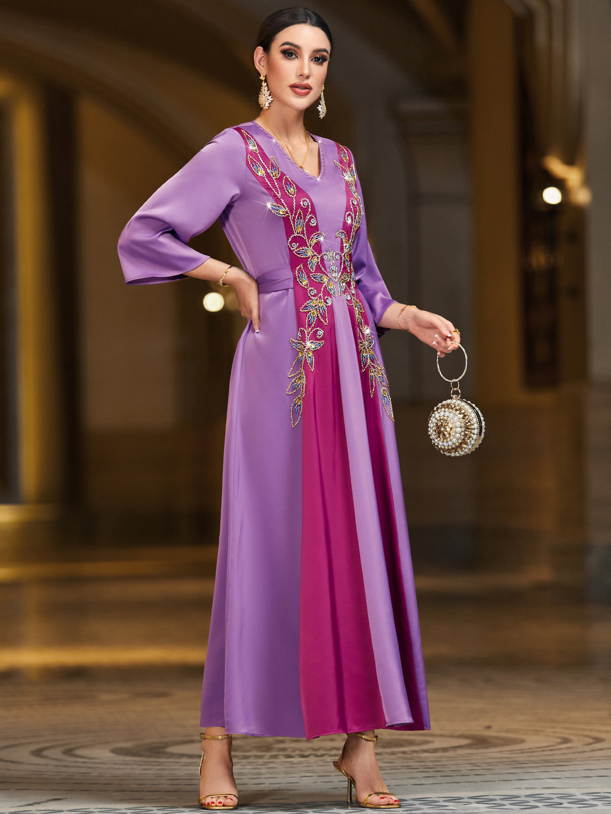 4060 Middle Eastern Style Purple Pink Contrast Embroidered Sequin 3/4 Sleeves Maxi Dress - Elegant Floral Decorated Long Gown