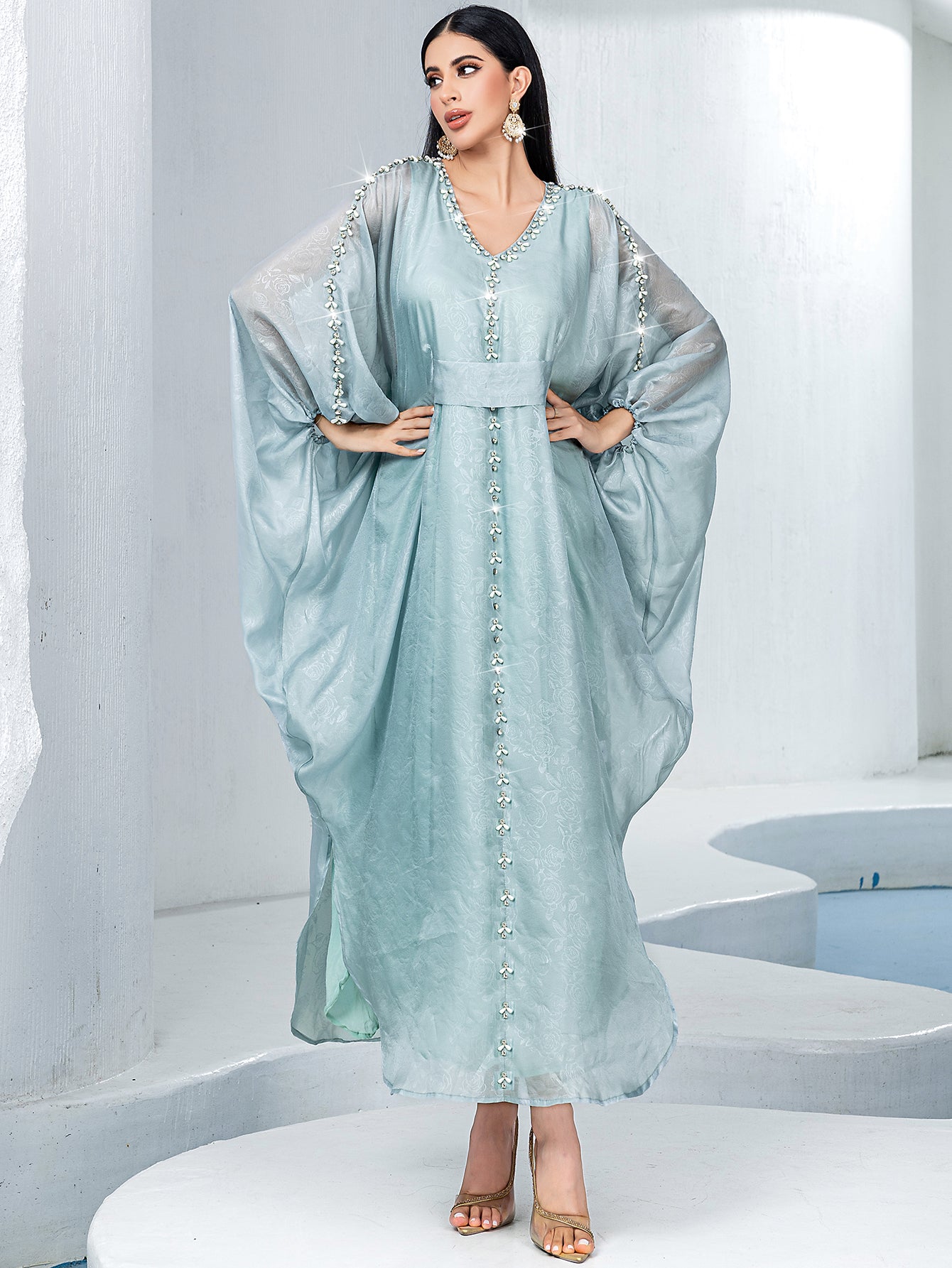 15168 Middle Eastern Style Light Green Bead Embellished Loose Sleeves Belted Maxi Dress - Elegant Decorated Abaya Gown
