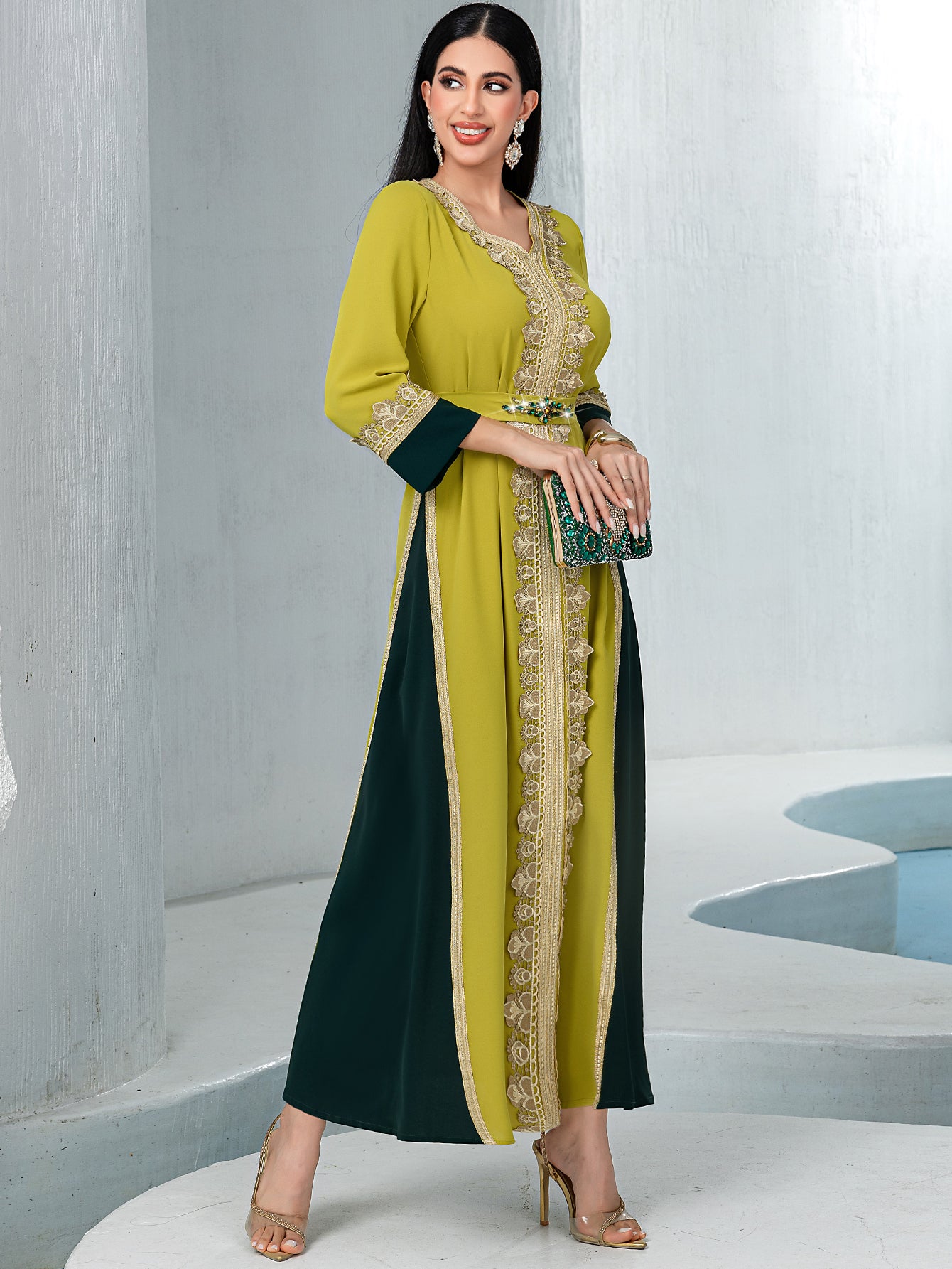 40091Two-Tone Arabic Abaya | Gold Embroidery Dress with Emerald Accents & Slimming Silhouette