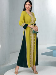 40091Two-Tone Arabic Abaya | Gold Embroidery Dress with Emerald Accents & Slimming Silhouette