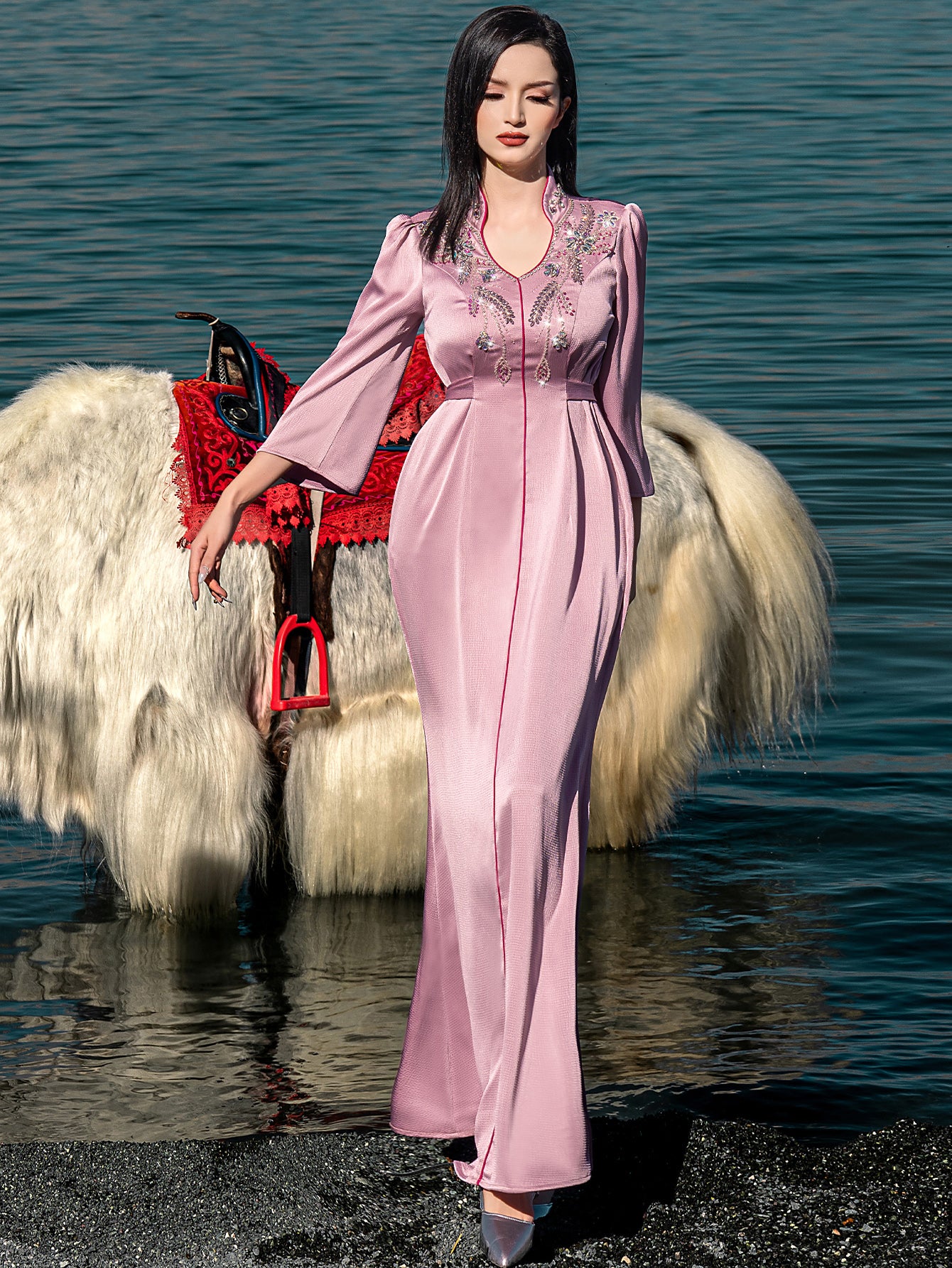 5197Silk Gown with Crystal Embroidery | Lavender Bohemian Dress for Slimming Evening Elegance