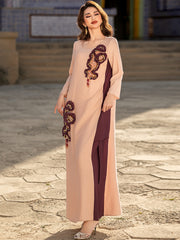 5201Luxury Pink & Burgundy Abaya Dress | Arabic Floral Embroidery with Gold Beads, Fringe & Pearl Cuffs