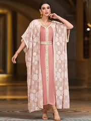 BA4098 pink embroidery splicing satin fake two ABAYA robe middle east women's clothing