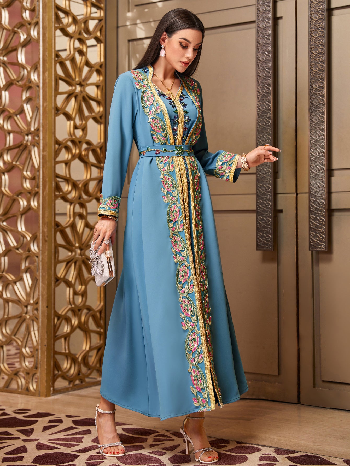 4007 Middle Eastern Style Embroidered Floral Blue Maxi Dress - Elegant Gold-Trimmed Long Sleeve Gown