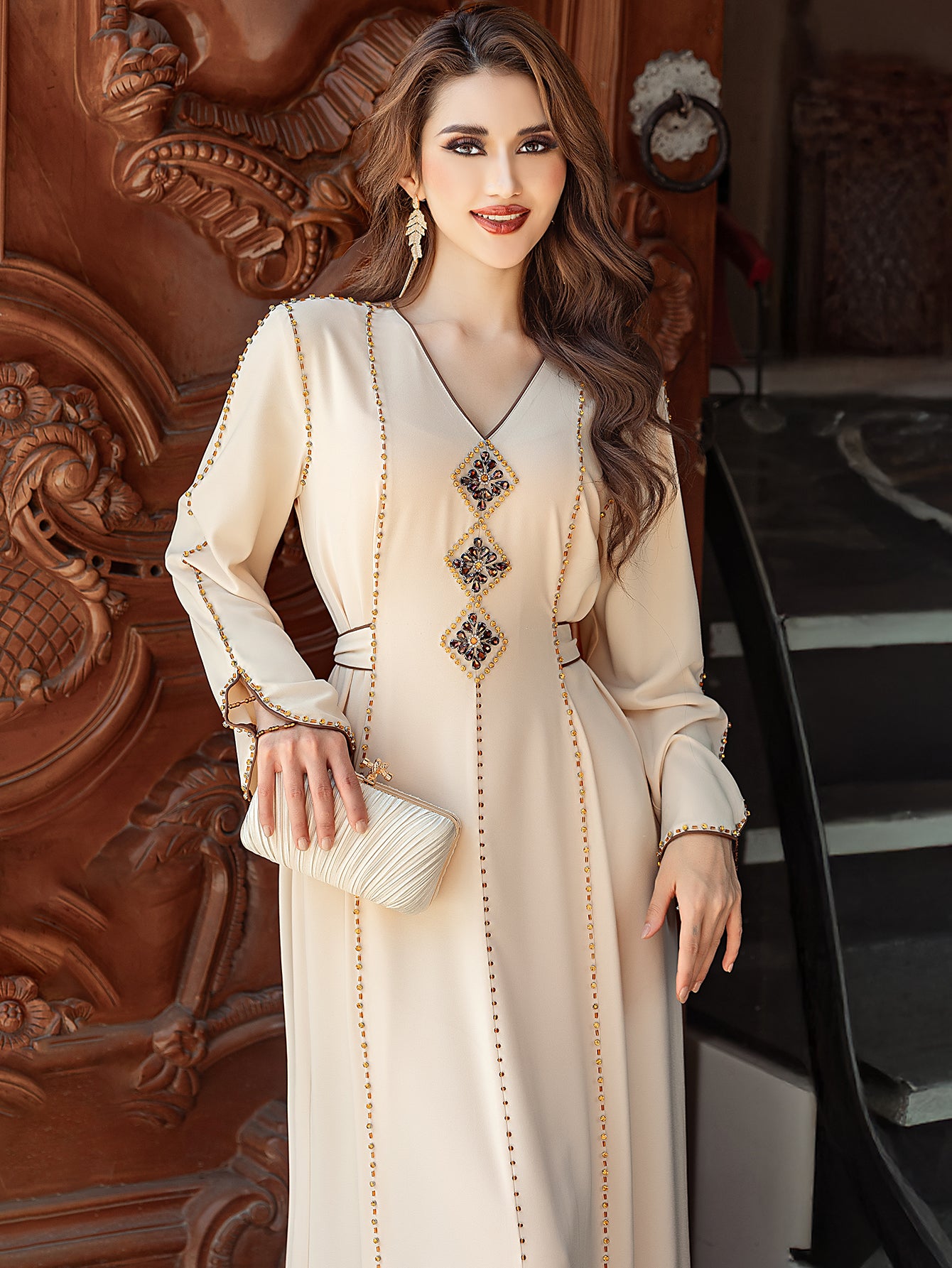 5206Beige Arabic Abaya Dress | V-Neck Gold Beaded Gown with Geometric Embroidery & Bell Sleeves
