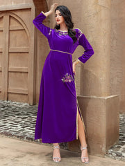15164 Purple velvet hand-sewn rhinestones and gold webbing dress long dress toasting dress