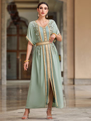4033 Middle Eastern Style Light Green Gold-Embellished Short Sleeve Maxi Dress - Elegant Belted Slit Pseudotwo-Piece Gown