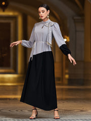4071 Middle Eastern Style Grey Black Colorblock Sequin Embellished Puff Sleeve Maxi Dress - Elegant Belted Asymmetrical Gown